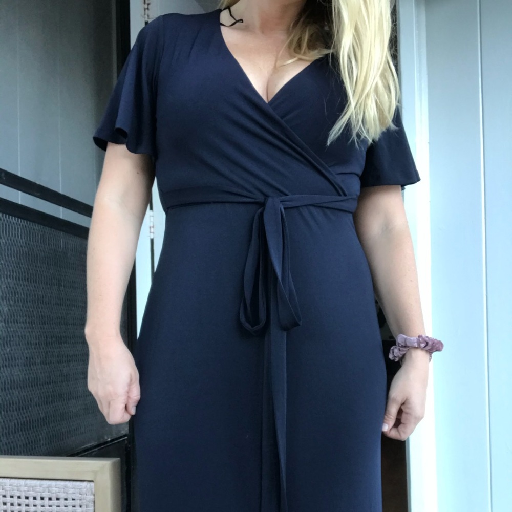H&M Navy Blue Faux-Wrap Maxi Dress with sleeves